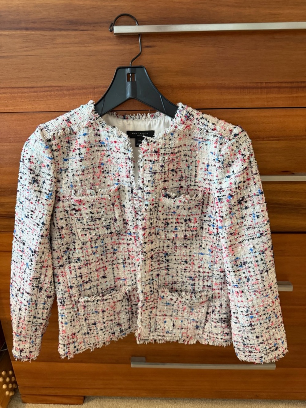 Ann Taylor Cream Bouclé Tweed Jacket with Pink & Blue Flecks